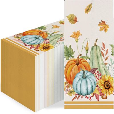 100 Pcs Fall Paper Napkins  Thanksgiving Watercolor Pumpkin Sunflowers Guest Towels, Autumn Disposable Napkins for Kitchen Dinner Table, Harvest Party, Bathroom Decor