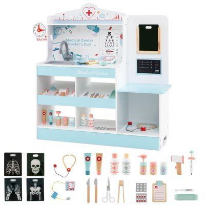 Costzon 2 in 1 Wooden Doctor Playset, Role Play Medical Toy w/24 Medical Accessories, Stethoscope, ECG Monitor, X-Ray Film, Exam Area, Hospital Pretend Playset for Toddlers 3+ Years Old (Blue)