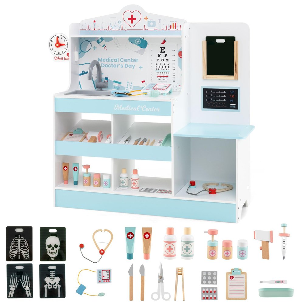Costzon 2 in 1 Wooden Doctor Playset, Role Play Medical Toy w/24 Medical Accessories, Stethoscope, ECG Monitor, X-Ray Film, Exam Area, Hospital Pretend Playset for Toddlers 3+ Years Old (Blue)
