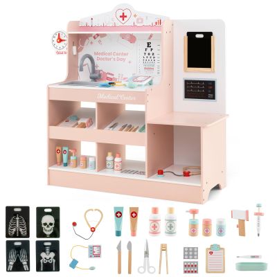 Costzon 2 in 1 Wooden Doctor Playset, Role Play Medical Toy w/24 Medical Accessories, Stethoscope, ECG Monitor, X-Ray Film, Exam Area, Hospital Pretend Playset for Toddlers 3+ Years Old (Pink)