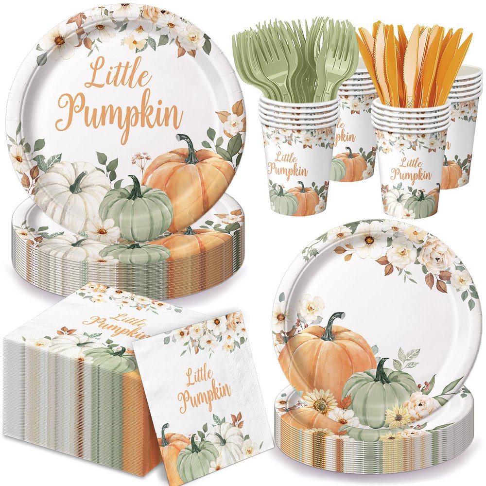 120 Pcs Little Pumpkin Baby Shower Party Decoration  Autumn Pumpkin & Floral Tableware Set with Plates, Napkins, Cups, Cutlery for Thanksgiving & Fall Baby Shower Decorations, Serves 20