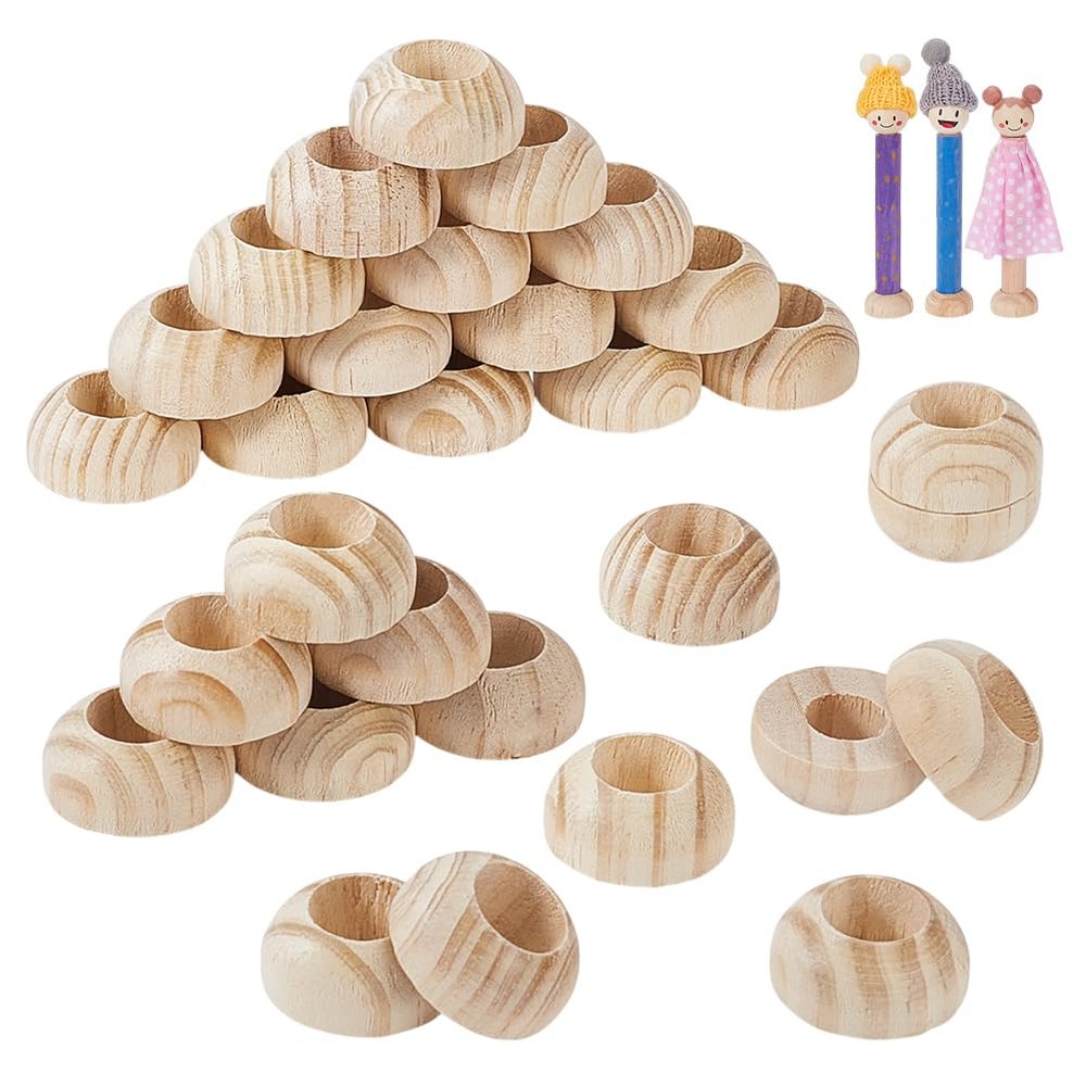 AHANDMAKER 30Pcs Doll Pin Stands 1.2x0.5 Inch Wooden Axle Caps Wood Ball Dowel Caps Wooden Parts with 14-15mm Upper Hole 13mm Lower Hole for Using Doll Stand Wood Head Use Dowel Cap