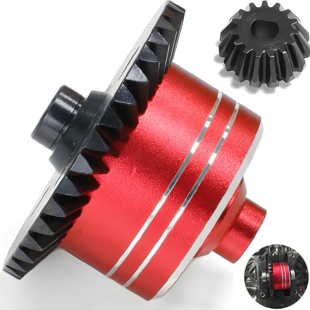 7075 Aluminum Differential Case with 45# Hardened Steel Differential Spur Gear and Bevel Gear, Diff Case and Gear Set Replacement for #54875 Upgraded Parts for 1/10 Tamiya XV02 TT02 TT02B RC Car Red