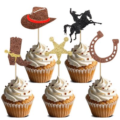 20pcs Cowboy Cupcake Toppers Glitter Western Cowboy Cupcake Picks for Baby Shower Birthday Party Cake Decorations Supplies