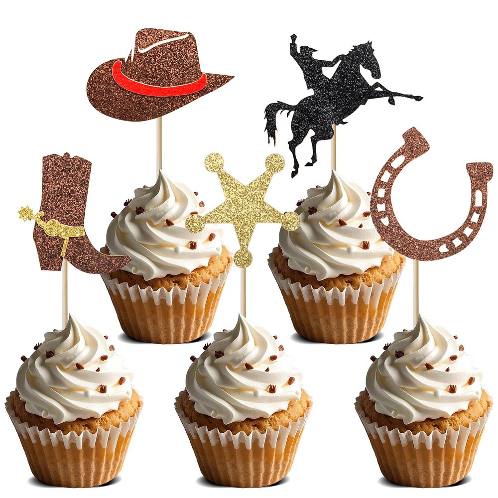 20pcs Cowboy Cupcake Toppers Glitter Western Cowboy Cupcake Picks for Baby Shower Birthday Party Cake Decorations Supplies