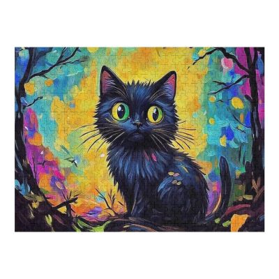 Black Cat Fallen Leaf Forest Puzzle 500 Pieces Whimsical Fall Forest Art with Black Cat Companion, Ideal for Quiet Evenings