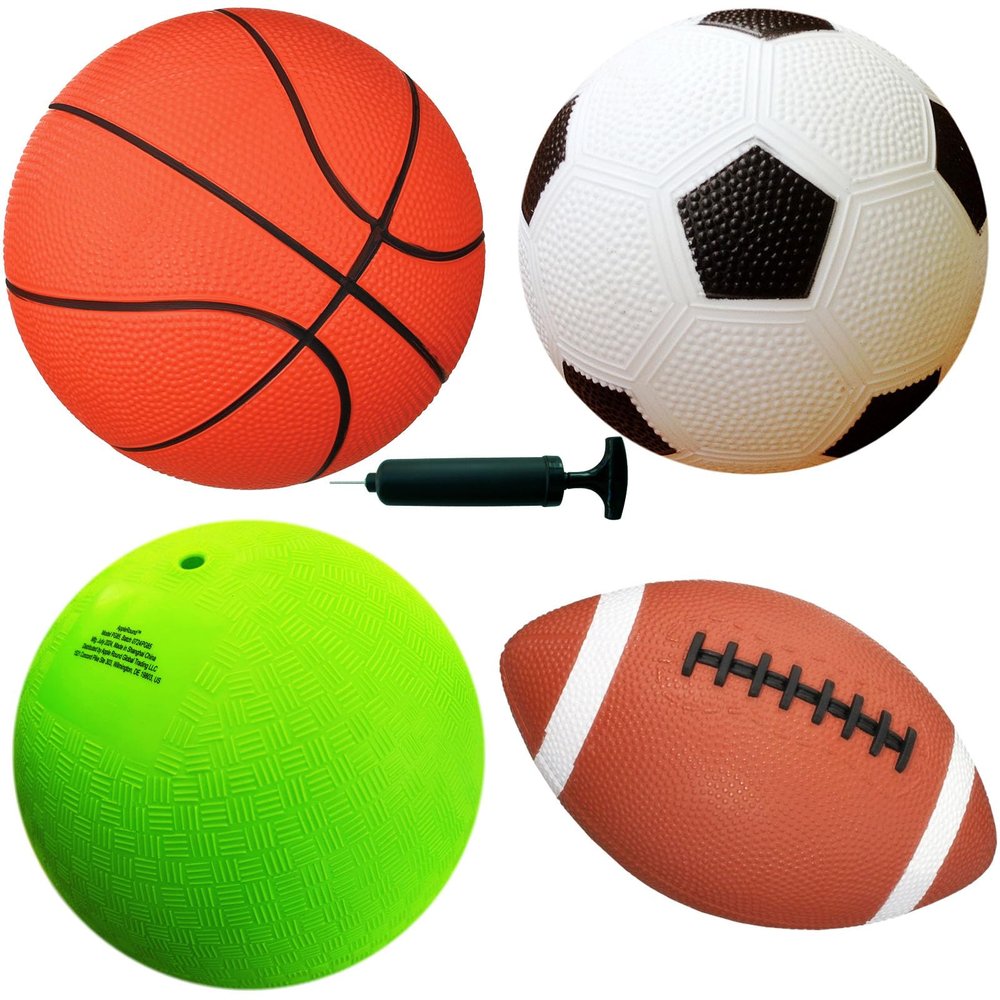 AppleRound Pack of 4 Sports Balls with Pump for Kids and Teens - 1 Each of 8.5-Inch Soccer, Basketball, Playground Ball, and 9-Inch Football