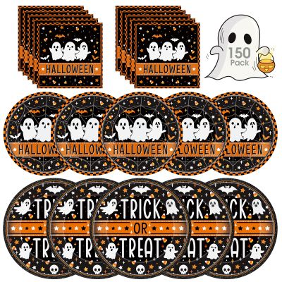 150 Pcs Happy Halloween Plates and Napkins Set - Trick or Treat Ghost Paper Tableware, Disposable Dinner Dessert Paper Plates Napkins Kit for Halloween Table Decorations Party Supplies, Serve 50
