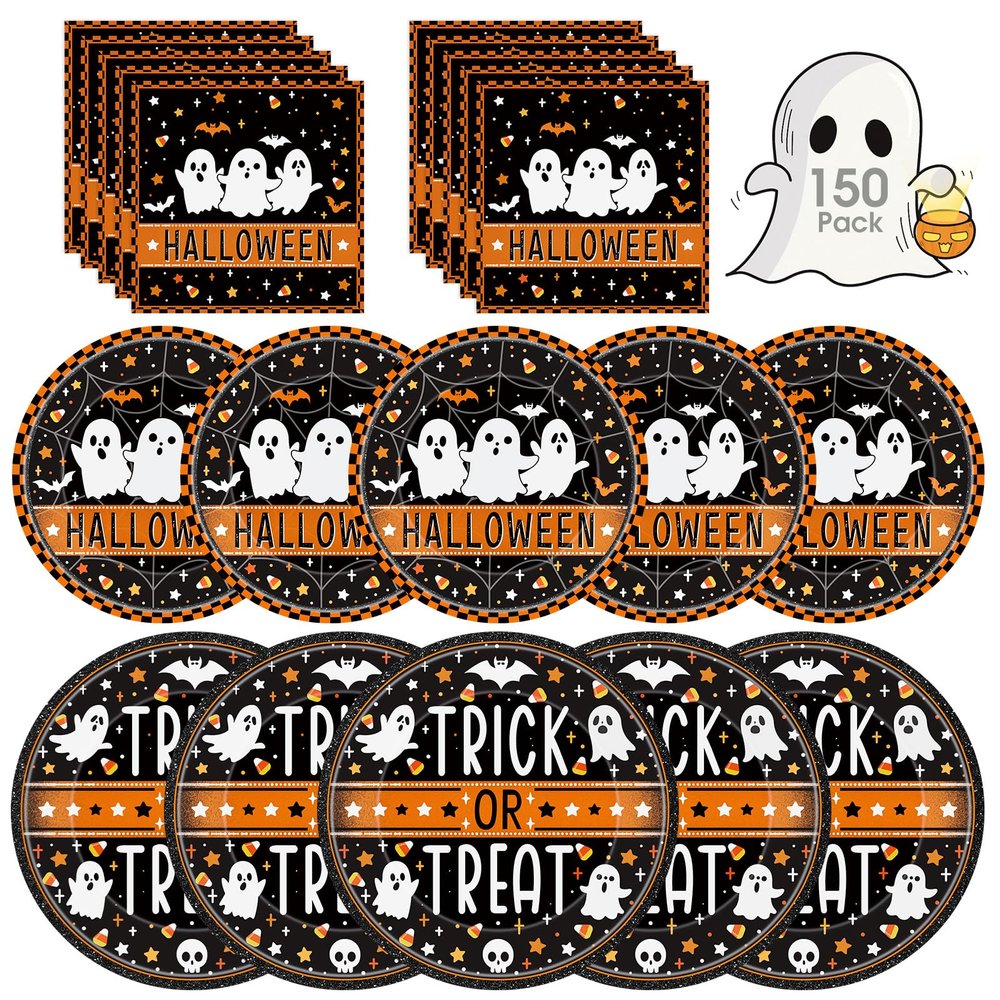 150 Pcs Happy Halloween Plates and Napkins Set - Trick or Treat Ghost Paper Tableware, Disposable Dinner Dessert Paper Plates Napkins Kit for Halloween Table Decorations Party Supplies, Serve 50