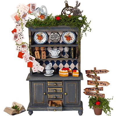 1:12 Scale Alice-Inspired Miniature Hutch Handcrafted Decorative China Cabinet with Vintage Artwork, Porcelain Tea Set & Cheshire Cat Accessories