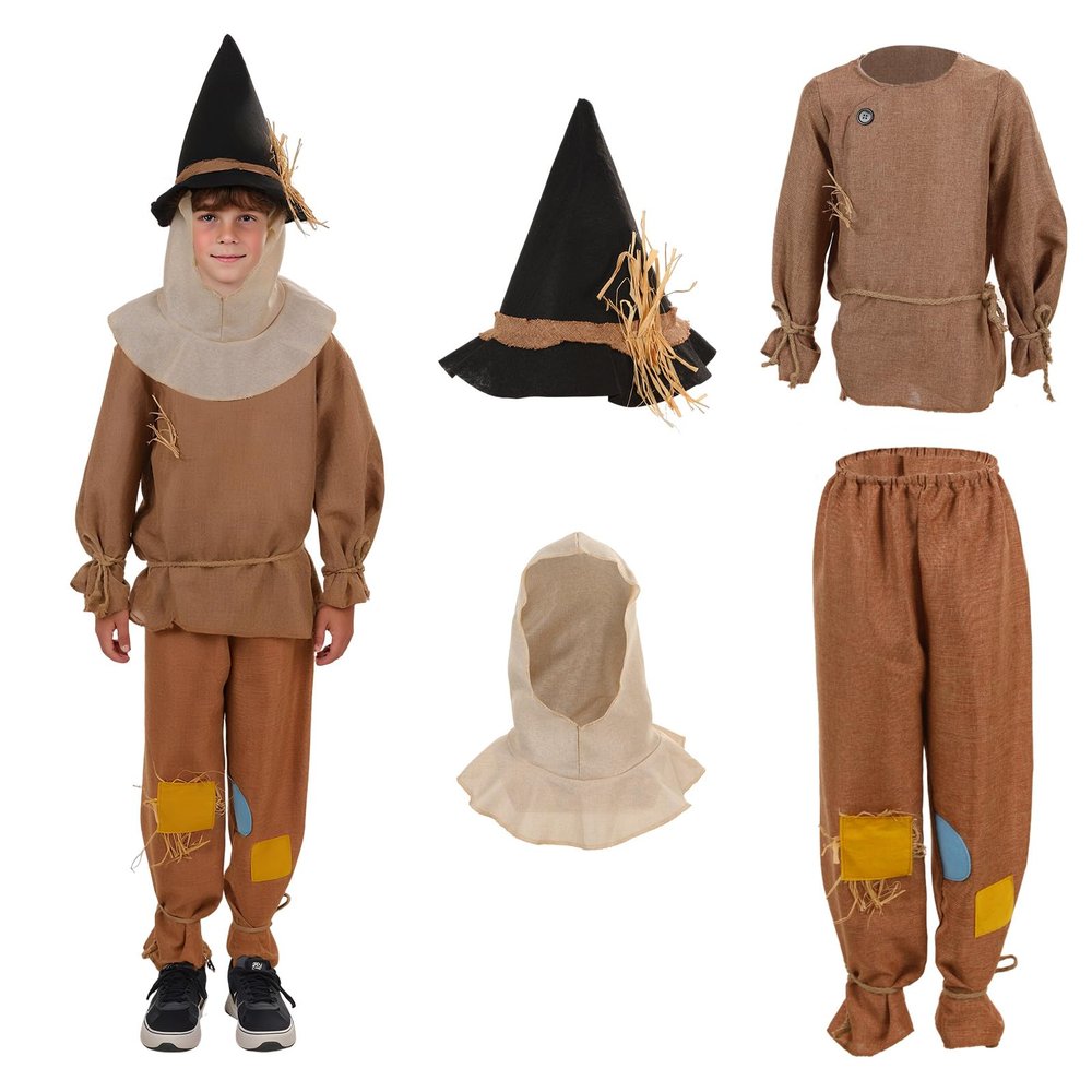 4PCS Scarecrow Costume Kids Scare Crow Outfit with Hat Shirt Pants Accessories Halloween Cosplay for Boys Girls
