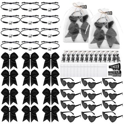 72 Pcs Cheerleader Gifts Bulk for Team Cheerleading Heart Sunglasses Hair Bows Bracelet Organza Bag and Cards Cheerleader Party Favors for Team Gifts(Black)