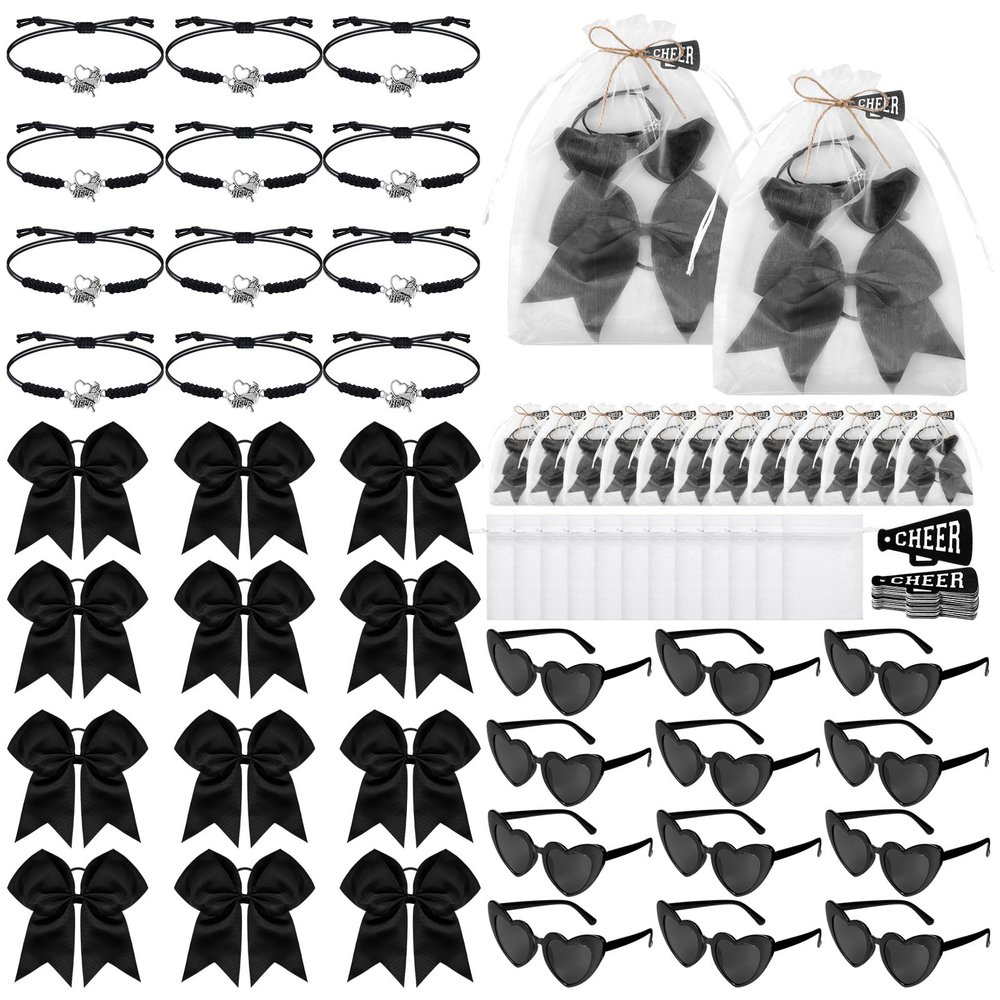 72 Pcs Cheerleader Gifts Bulk for Team Cheerleading Heart Sunglasses Hair Bows Bracelet Organza Bag and Cards Cheerleader Party Favors for Team Gifts(Black)