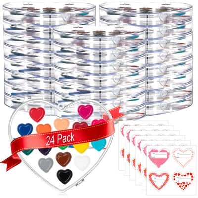 ARTLYMERS 24Pack Watercolor Paint Set, 16Colors Heart Water Color Paint Sets for Kids with Paintbrush Washable, Valentines Gifts Art Supplies for Preschool Classroom Party Favor Prizes Exchange