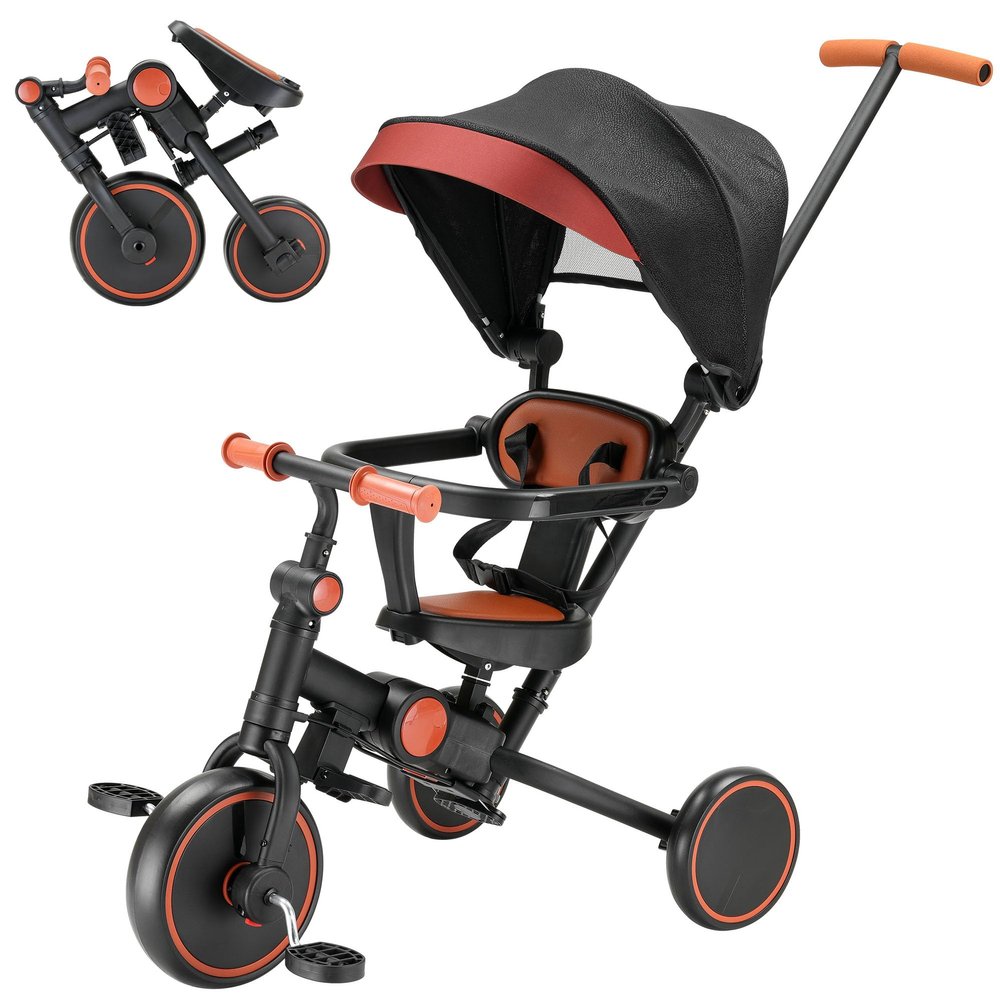 AOPEC 7-in-1 Foldable Baby Tricycle with Removable Canopy Adjustable Parent Handle, Safety Harness & Wheel Brakes for Toddlers 1-5 Years Old, Balance Bike & Push Trike Gift for Boys & Girls, Black