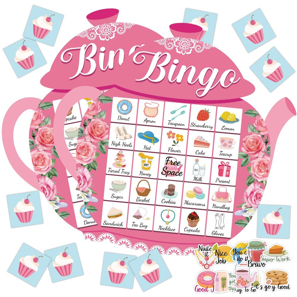 39Pcs Tea Party Bingo Game for Adults 24 Players Floral Teapot Shape Bingo Cards with Reward Stickers for Family Friend Student Large Group Activities Garden Bridal Wedding Holiday Party Favors