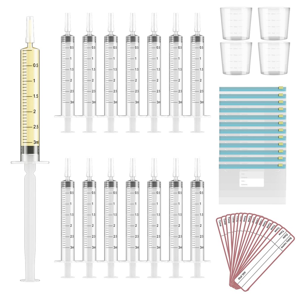 120 Sets 3ml Colostrum Collector Kit Include No Needle Colostrum Syringes with Caps 1mlx120, Stickerx120, 20ml Measuring Cupx4, Ziplock Storage Bagx12 for Breastmilk Collector