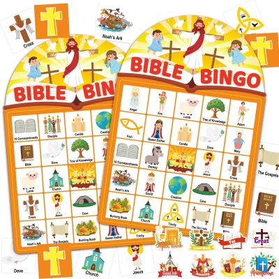 39 Pcs Bible Theme Bingo Game for Adults 24 Players Christian Party Bingo Game Cards with Reward Stickers for Family Friends Large Group Gathering Christian Sunday Church Family Open Day Favors