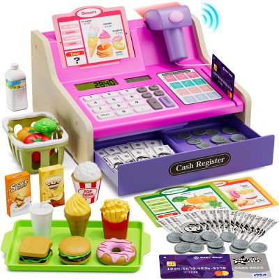 HYES Cash Registers for Kids, Rechargeable Pretend Play Toys Supermarket & Fast Food Restaurant, Cashier Toy with Play Money, Pretend Food, Birthday Gifts for Kids Boy & Girl Age 4-8, Pink