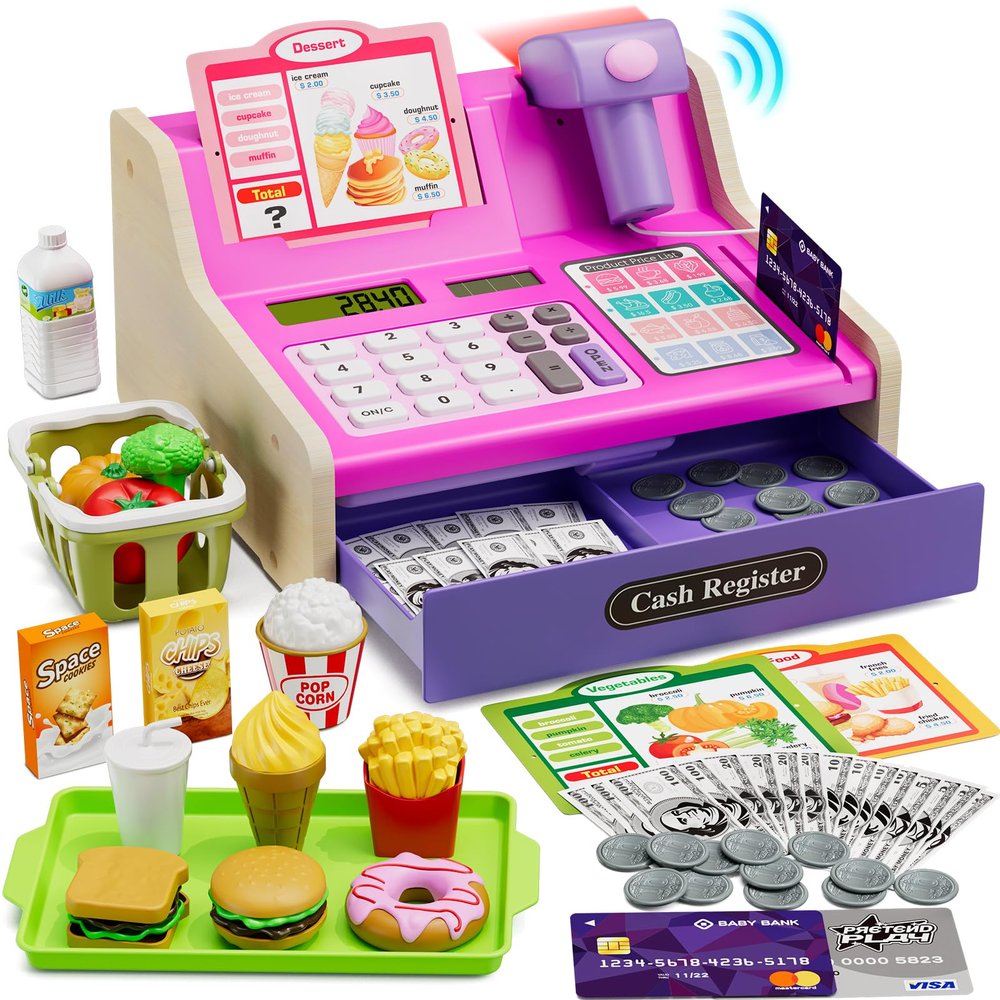 HYES Cash Registers for Kids, Rechargeable Pretend Play Toys Supermarket & Fast Food Restaurant, Cashier Toy with Play Money, Pretend Food, Birthday Gifts for Kids Boy & Girl Age 4-8, Pink