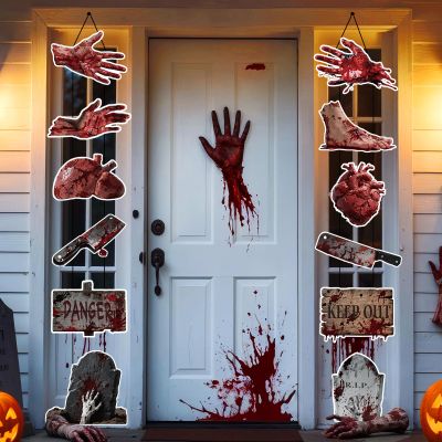 12pcs Bloody Halloween Front Porch Door Decor 10.7in Large Creepy Scary Halloween Party Door Signs Banners, Spooky Horror Movie Skulls Skeleton Wall Hanging Indoor Decorations