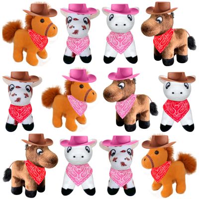 36 Pcs Mini Horse Stuffed Toys Bulk 12 Mini Plush Dolls 4 Inch with 12 Tiny Cowboy Hats and 12 Bandana DIY Crafts for Dollhouse for Adopt a Horse Party Western Cowboy Birthday Party Favor Supplies