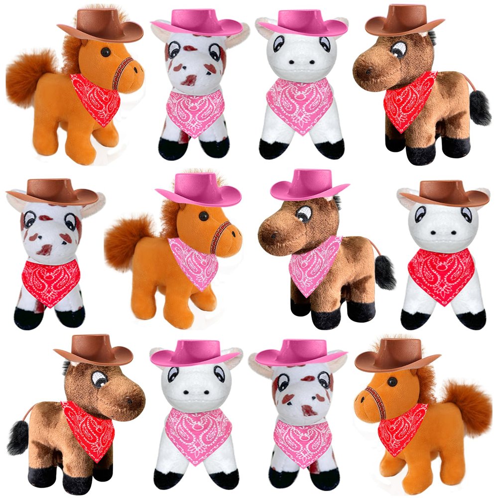 36 Pcs Mini Horse Stuffed Toys Bulk 12 Mini Plush Dolls 4 Inch with 12 Tiny Cowboy Hats and 12 Bandana DIY Crafts for Dollhouse for Adopt a Horse Party Western Cowboy Birthday Party Favor Supplies