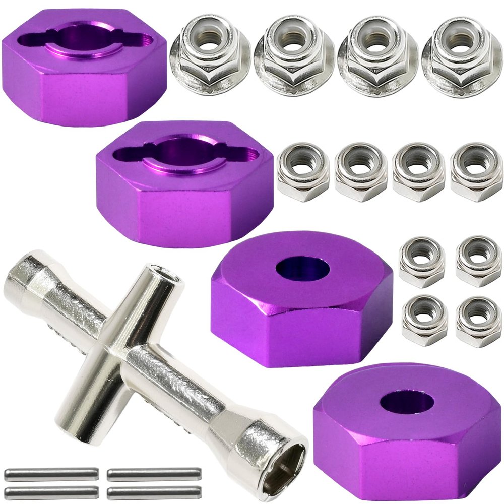 Aluminum 12mm Hex Wheel Hub with Flange M4 Nylon Lock Nut Cross Hex Wrench & M3 M4 Nylon Locknut for Traxxas Slash, Stampede Hsp Redcat Rc4wd Tamiya Axial SCX10 WLtoy 1/10 RC Car Truck Crawler Buggy