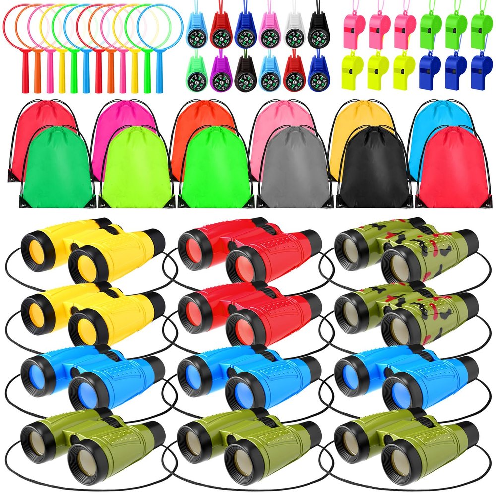 Foilswirl 12 Set Binocular Compass Magnifying Glass Set Christmas Birthday Gift Small Telescope Binocular with Whistle Bag for Outdoor Exploring Stocking Stuffer(Colorful,Camouflage)
