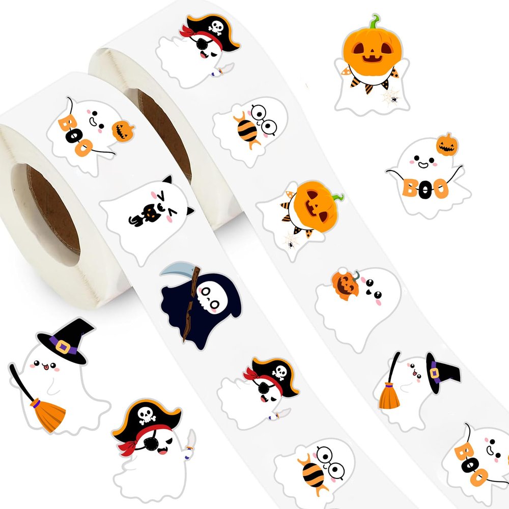 1000Pcs Halloween Stickers Roll Self-Adhesive Cute Ghost, Boo Designs Party Favors - Bulk Scary Decorations with 8 Adhesive Stickers (2 Rolls)