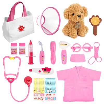 Liberry Doctor Kit for Toddlers Age 3 4 5 6, 26 Pcs Kids Doctor Playset with Dog Toy, Stethoscope and Dress Up Costume, Pretend Play Medical Gift for Girls, Pink