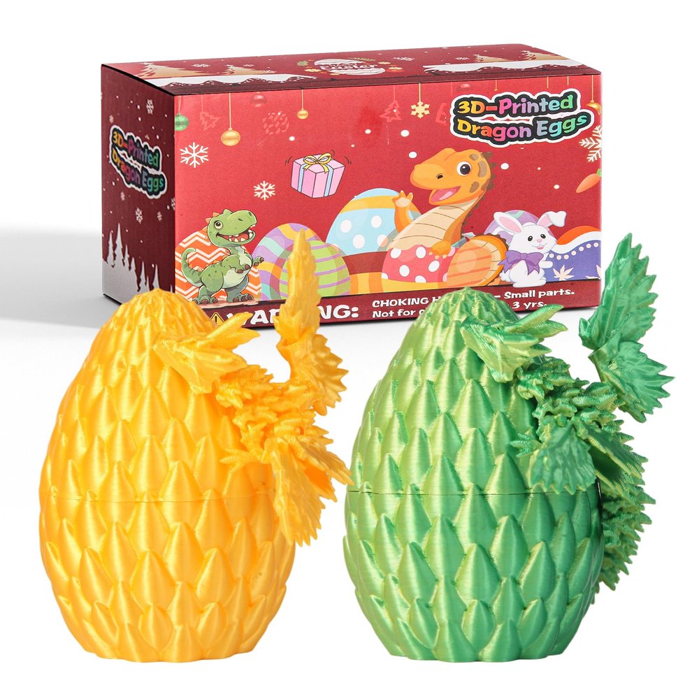 2Pcs 3D Printed Dragon Eggs with Articulated Crystal Dragons-Engaging Fidget Toys for Kids Gifts Boys Girl Perfect Teens Adults,Easter Basket Fillers. (Laser Yellowish Green/Gold)