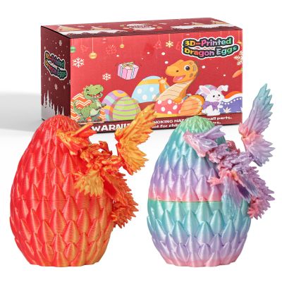 2Pcs 3D Printed Dragon Eggs with Articulated Crystal Dragons-Engaging Fidget Toys for Kids Gifts Boys Girl Perfect Teens Adults,Easter Basket Fillers. (Laser Red/Rainbow)