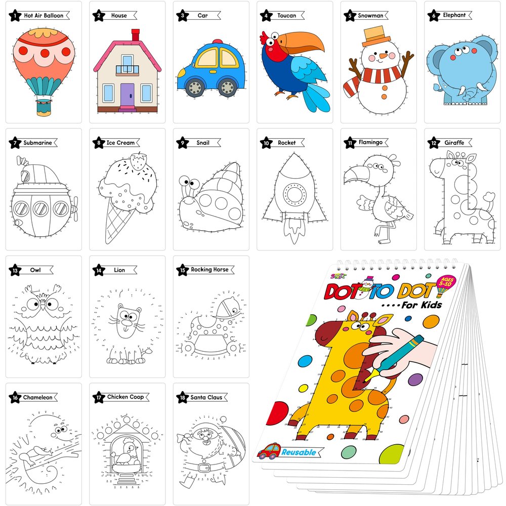 Do-to-Dot Game Pad, 30 Reusable & Erasable Number Connecting Games, Dry Erase Animal/Castle/Ship Dot to Dot Workbook for Kids, Educational Toy for Road Trip, Airplane & Car Travel Activities