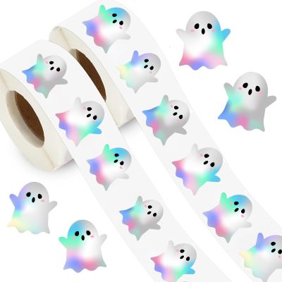 1000Pcs Holographic Halloween Ghost Stickers Roll - Waterproof Self-Adhesive Decals for Envelope Journal Decor, Party Supplies