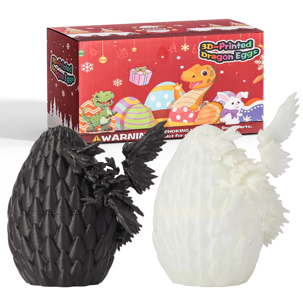 2Pcs 3D Printed Dragon Eggs with Articulated Crystal Dragons-Engaging Fidget Toys for Kids Gifts Boys Girl Perfect Teens Adults,Easter Basket Fillers. (Luminous White/Black)