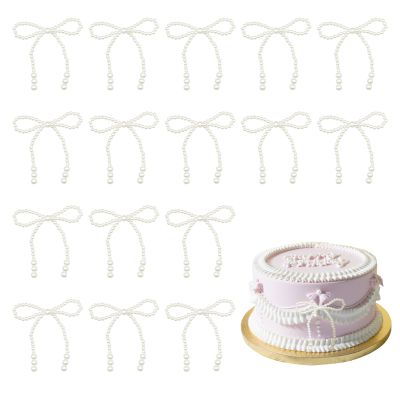 10 PCS Pearl Bows for Cake Decorating, Imitation Pearl Bows for Bouquets, White Bowknot Cake Topper Decorations, Elegant Cupcake Toppers for Birthday Wedding Party Supplies