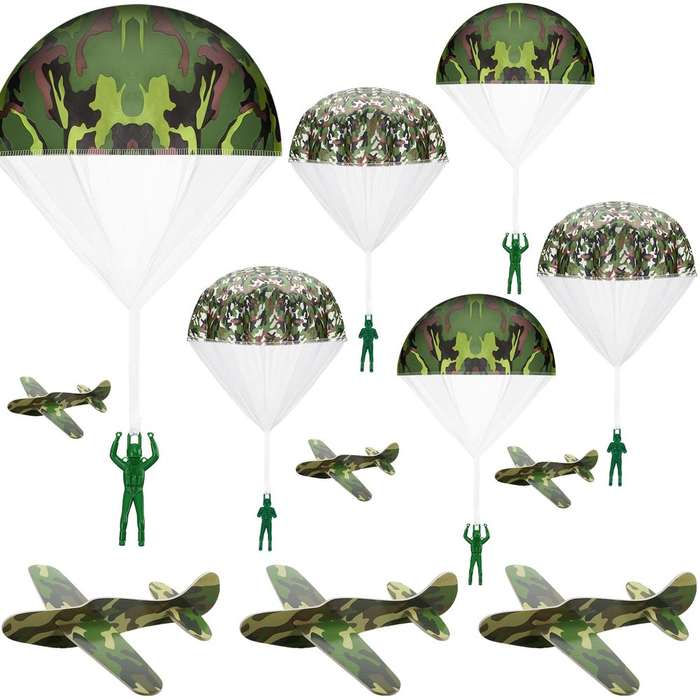 Jerify 12 Pcs Parachute Toys and Camouflage Foam Airplanes Set, Parachute Army Men Toys for Kids Army Hand Throwing and Foam Glider for Boys Gifts Outdoor Party Favors (Camouflage)