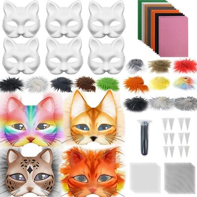 42 Pcs Therian DIY Mask Kit, Accessories Set for Therian Gear Stuff, Beginners Including Blank Cat Mask Faux Fur Fabric Felt Fabric Plastic Mesh Sheet