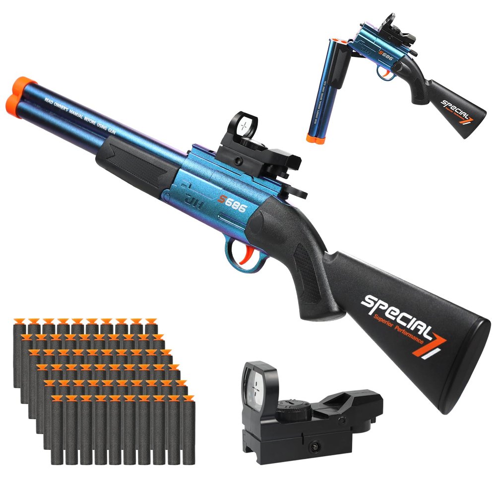 Bugrtey Toy Gun Double Barrel Shotgun Toy, Gun Toys with 60 Soft Bullet Darts, Toy Foam Blaster Foam Dart Blaster with Scope Christmas Halloween Birthday Gifts