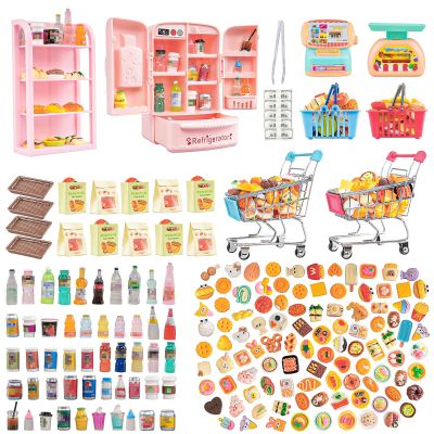 180 Pcs Dollhouse Miniature Kitchen Accessories Shopping Cart Basket Mini Food Drinks Dollhouse Store Grocery Supermarket Metal Handcart Party Model Shelves Cash Register Refrigerator