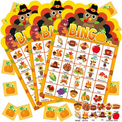 39 Pcs Thanksgiving Party Bingo Game for Adults Kids 24 Players Turkey Shaped Bingo Game Cards with Reward Stickers for Family Friends Students Large Group Activities Fall Autumn Festival Party Favors