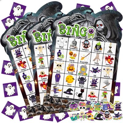 39 Pcs Halloween Party Bingo Game for Adults Kids 24 Players Tomb Shaped Bingo Game Card with Rewards Stickers for Families Friends Students Large Group Gathering Activities Boo Spooky Party Favors