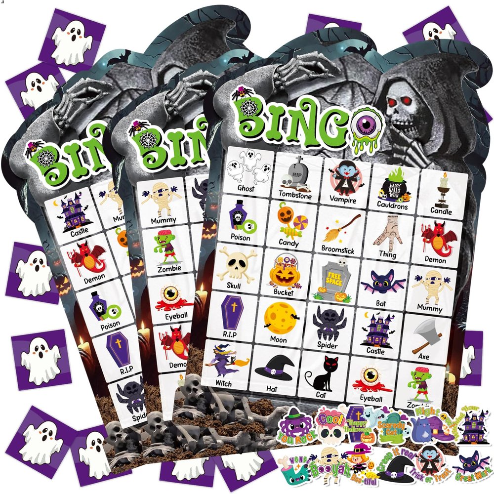 39 Pcs Halloween Party Bingo Game for Adults Kids 24 Players Tomb Shaped Bingo Game Card with Rewards Stickers for Families Friends Students Large Group Gathering Activities Boo Spooky Party Favors