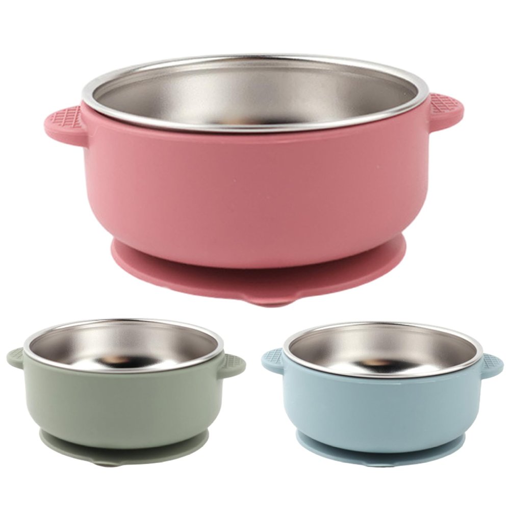 3Pcs Baby Bowls with Suction, Stainless Steel Toddler Bowls with Removable Silicone Sleeve, Heat Resistant & Drop-Proof Baby Essentials Toddler