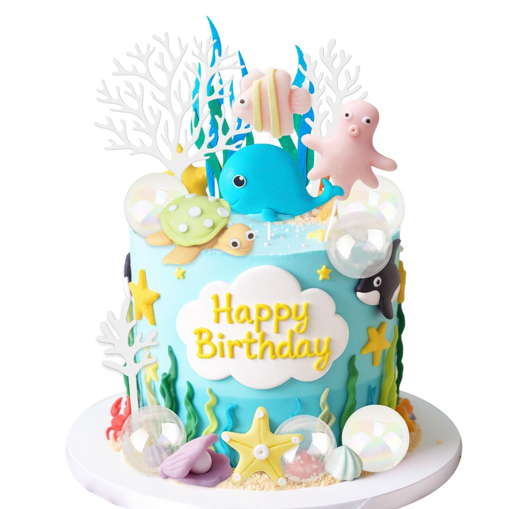 17Pcs Under The Sea Cake Toppers Under The Sea Cake Decorations with Sea Turtle Cake Topper for Sea Ocean Animal Theme Birthday Party Supplies