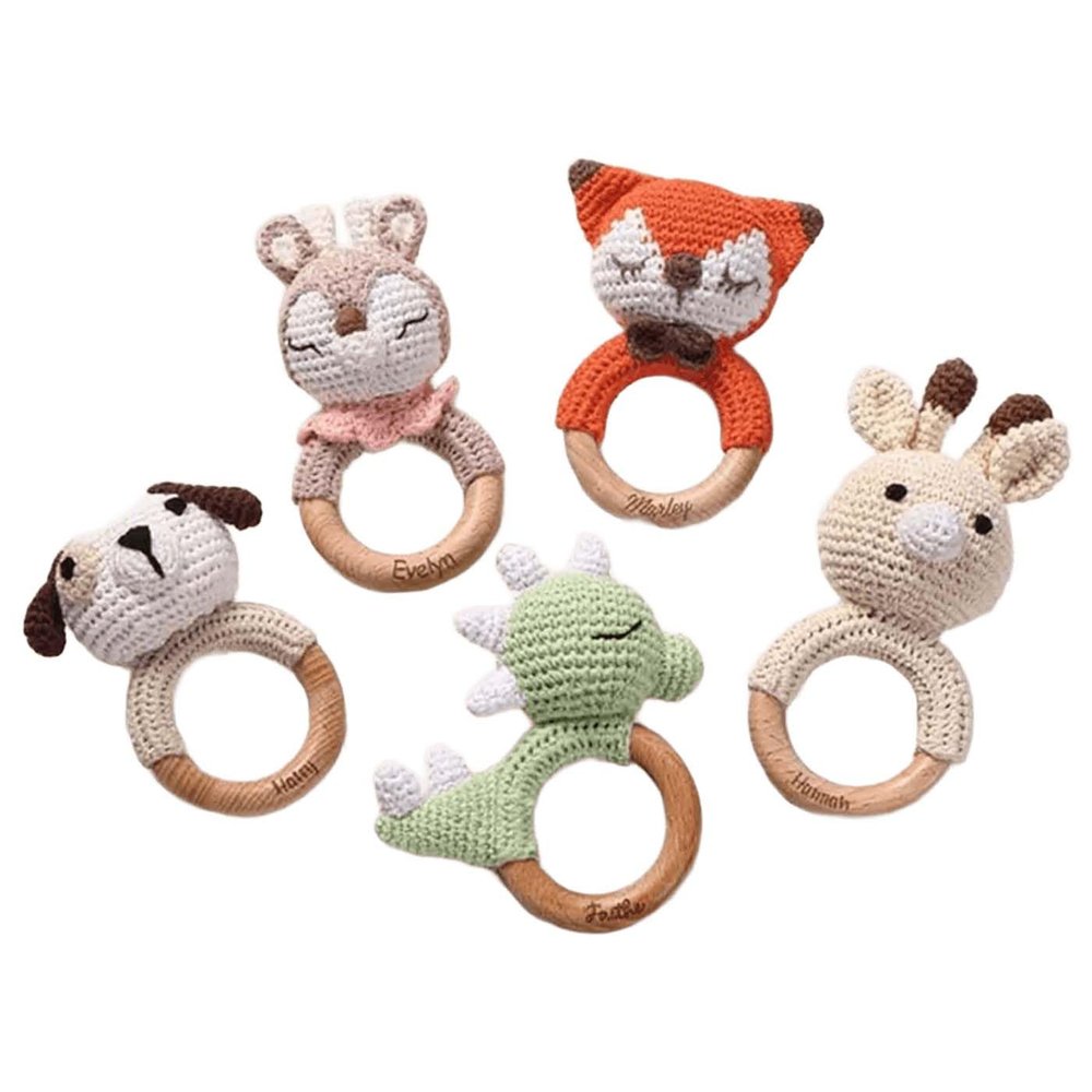 Personalized Baby Rattle with Name, Custom Wooden Animal Crochet Rattles Engraved Rattle Toys with Crochet Stuffed Animal for Infant, Boy/Girl, Baby Shower, Newborn, Birthday Gifts
