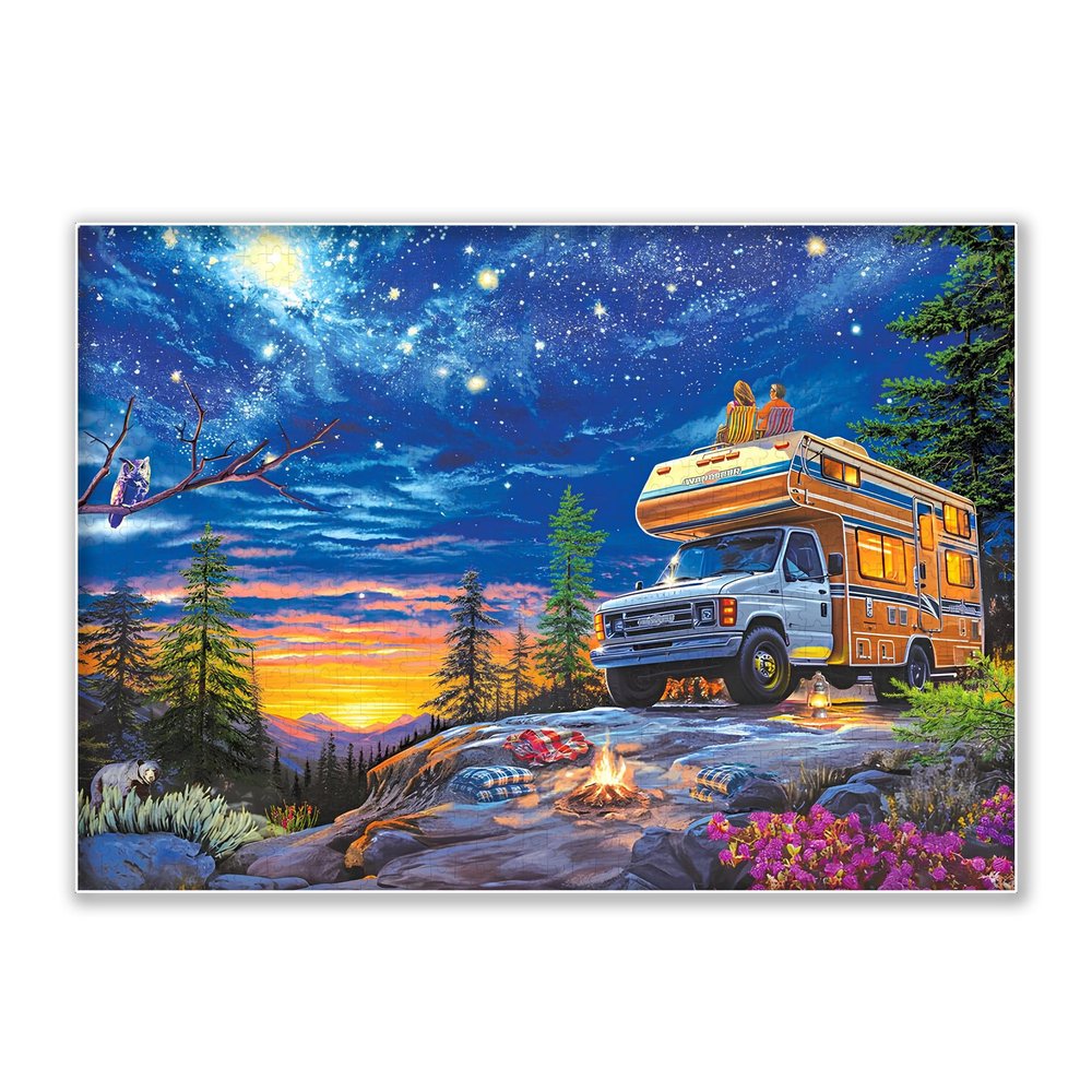 1000-piece Camping Couple Enjoying The Starry Sky in RV Adult Wooden Puzzle, Intellectual Challenge, Stress-Relieving Puzzle, Relaxing Family Activity, Decoration, Size: 29.5 x 19.7 in