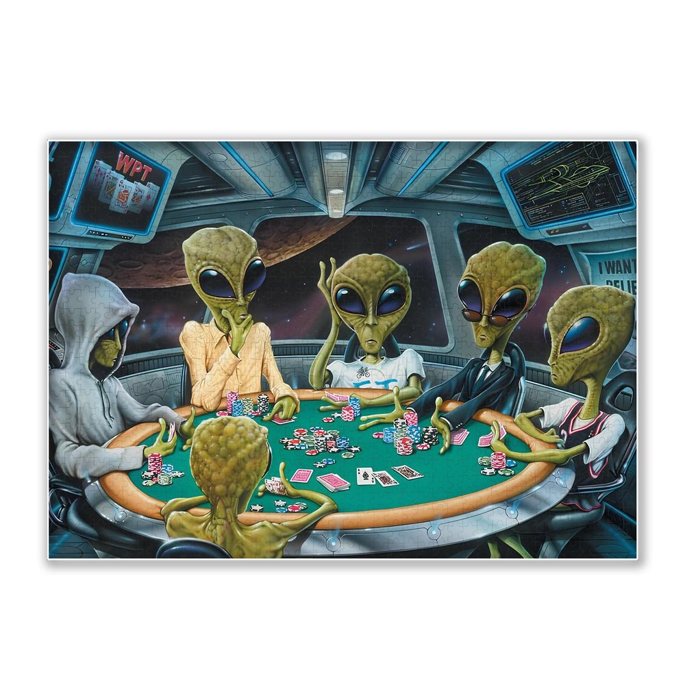1000-piece Alien Space Poker Party Adult Wooden Puzzle, Intellectual Challenge, Stress-Relieving Puzzle, Relaxing Family Activity, Decoration, Size: 29.5 x 19.7 in