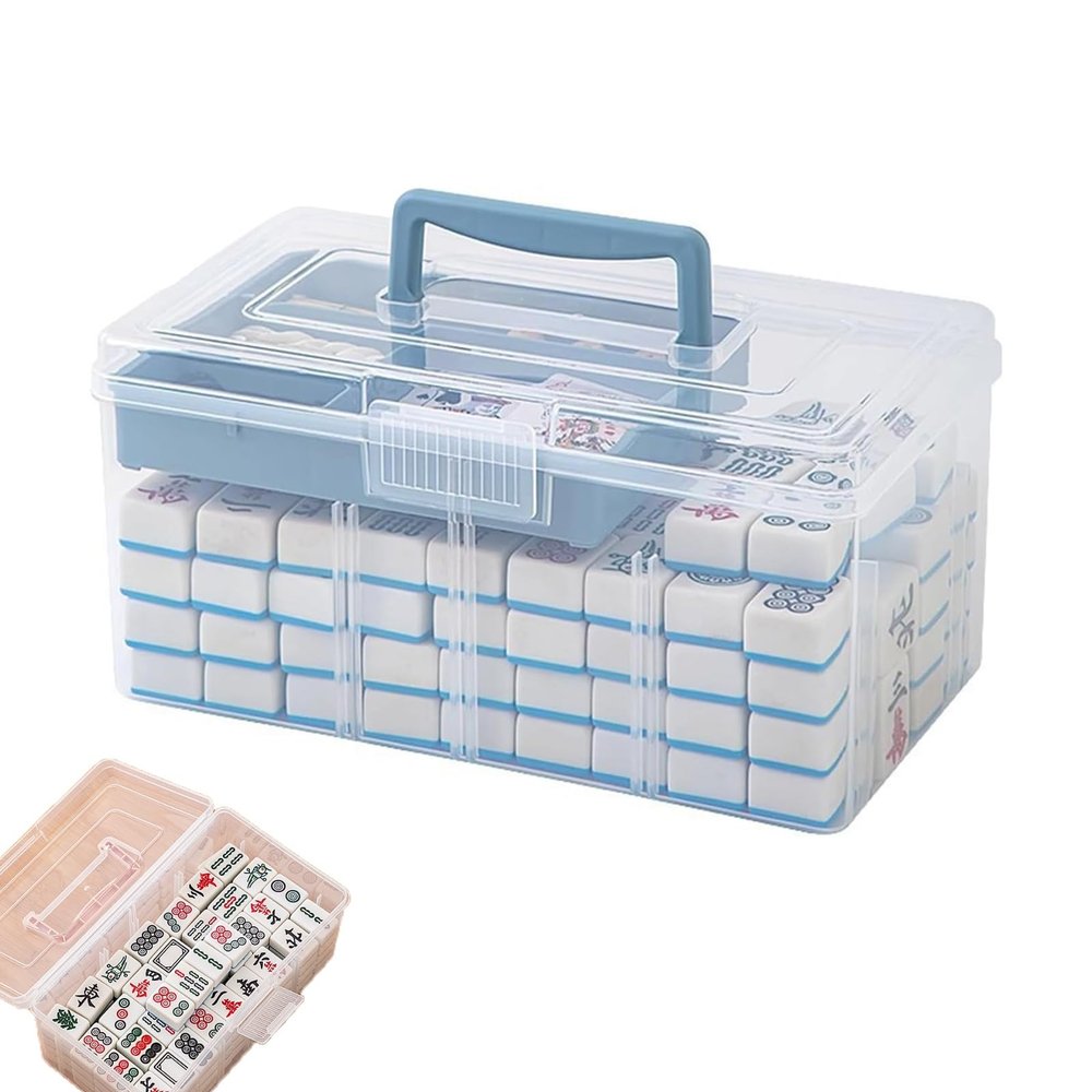 BaoBaJiu Mahjong Case- Suitable for three sizes of mahjong Tidy desktop- Easy to carry Craft Supplies Organizer Box with a Removable Tray/A Partition/Handle- for Storage for spare parts/mahjong(Blue)